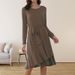Women's Elegant Solid Color Long Sleeve Dress Slim Fit Crew Neck Mid Waist Belted Daily Evening Dresses_ecoleips.com