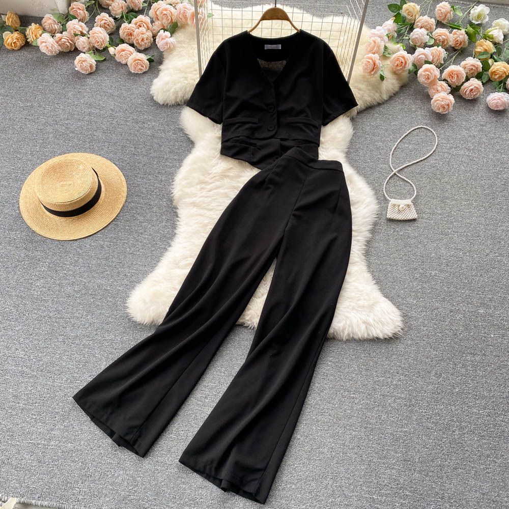 Women’s Clothing Style Fashion Suit For Women Summer Camisole Short V Neck Shirt Jacket High Waist Wide Leg Trousers Three Piece Set_ecoleips.com