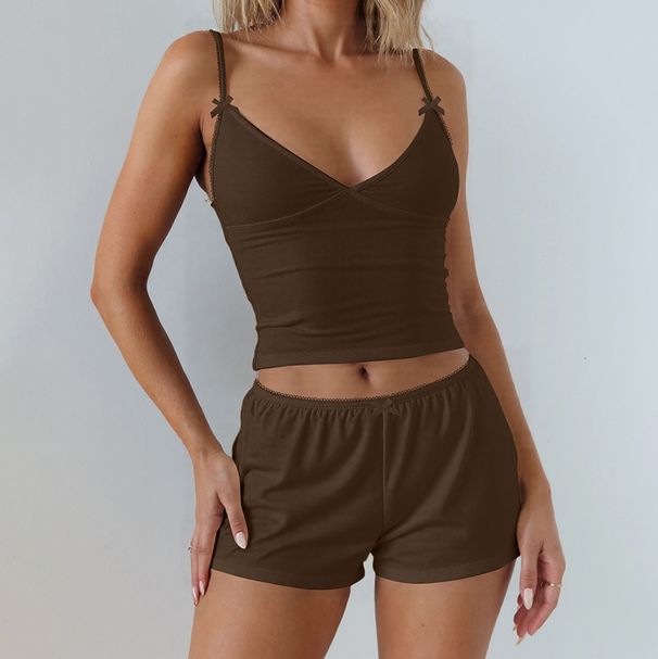 European And American Best-Selling Women's Clothing 2025 Summer New Fashion V-Neck Camisole Slim Fit Solid Color Shorts_ecoleips.com