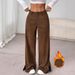 Women's Casual Corduroy Pants Mid-Waisted Slit Loose Straight Leg Floor Length Fashion Spring Autumn England Style_ecoleips.com