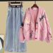 Women’s Clothing Denim suit Autumn embroidered short cardigan sweater jacket with slim and versatile wide leg mopping jeans_ecoleips.com