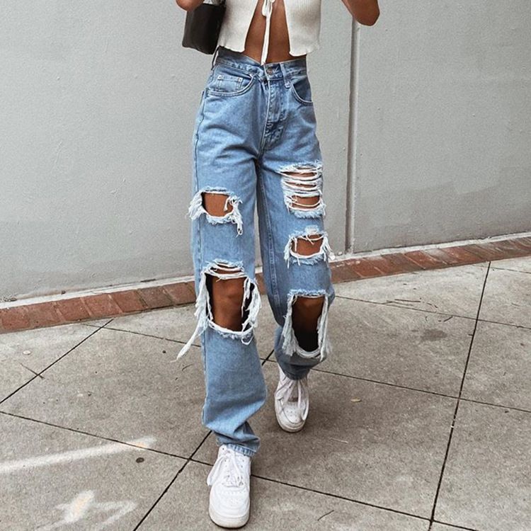 Women's Clothing Ripped Jeans Straight Leg Loose Jeans_ecoleips.com