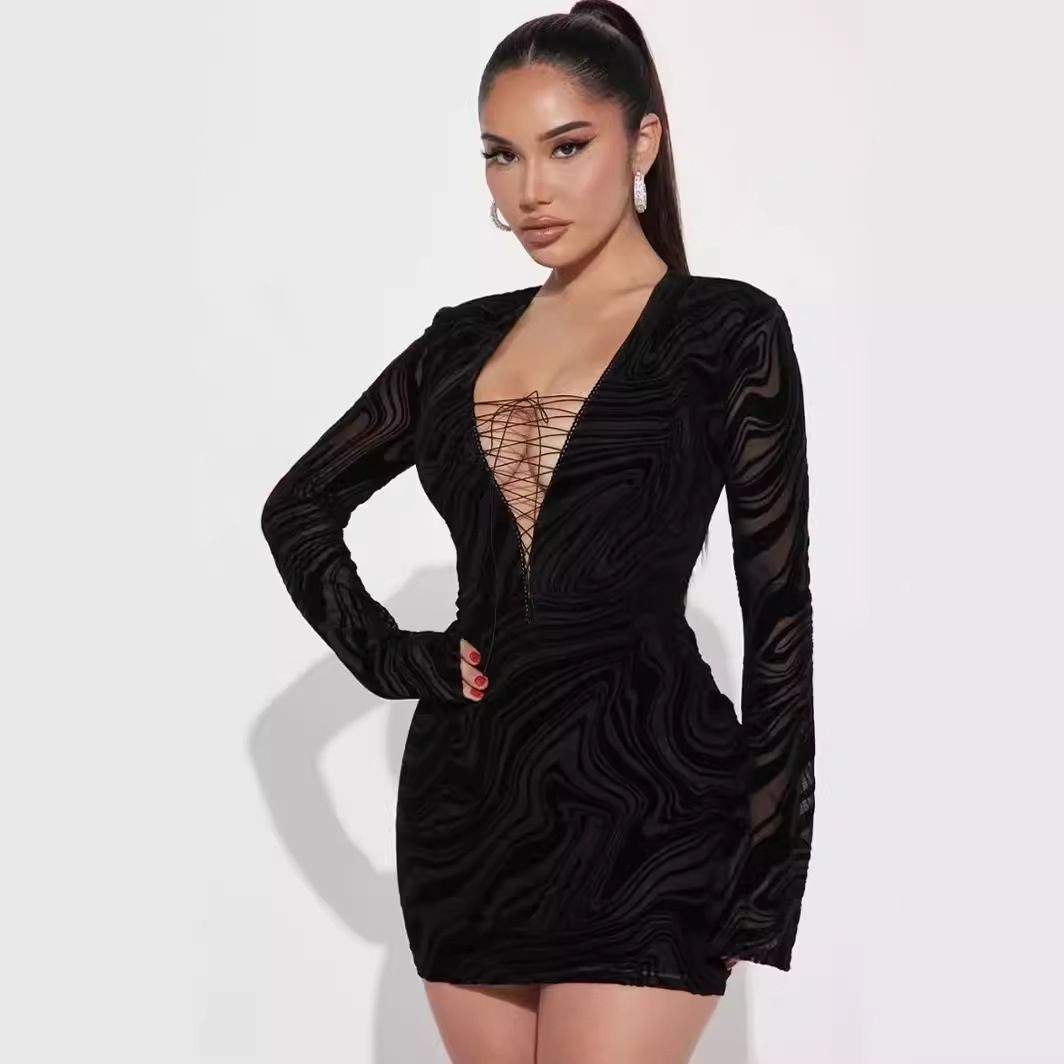 Women’s Clothing Lace Long Sleeved Hip Skirt Sexy Deep V Neck Printed Dress_ecoleips.com