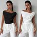 2025 European And American Solid Color Sleeveless T Shirt Women's Simple Style Oblique Shoulder Slimming Sleeveless Short Top_ecoleips.com