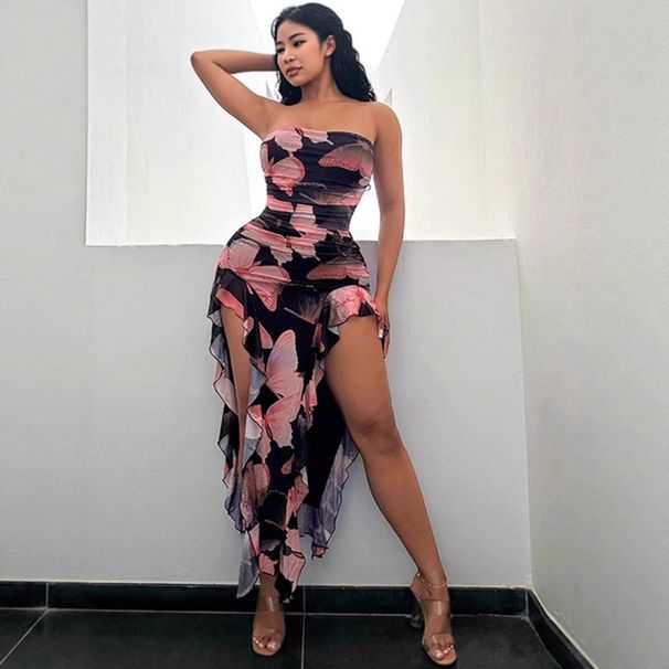 2025 New European And American Cross-Border Pure Desire Floral Print High-Slit Backless Sexy Waist-Cinching Strapless_ecoleips.com