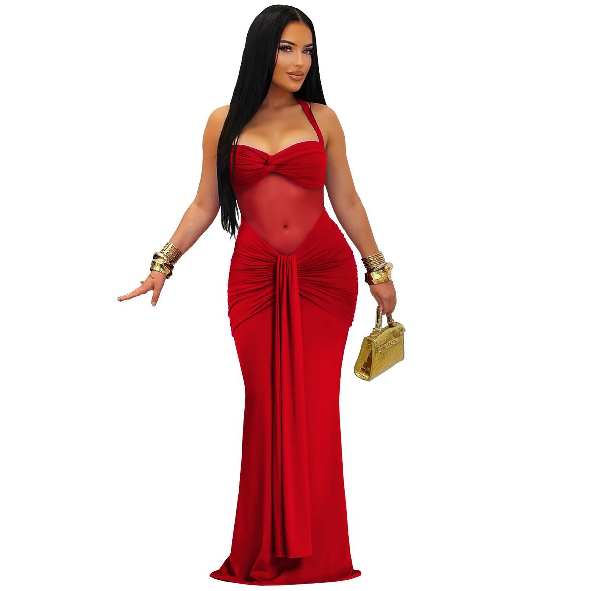 Elegant Mesh Wrap Neck Bodycon Dress With Sheer Details For Women - Sexy Sleeveless Party Dress In Black, Burgundy, Red, Brown, White (S-Xxl)_ecoleips.com