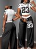 Women's Style Printed Two Piece Set Cropped Short Sleeved Wide Leg Pants Tight Fitting Sexy Top Set_ecoleips.com