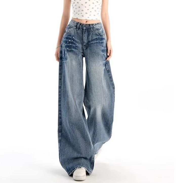 Women's Retro Studded High-Waisted Wide Leg Jeans Casual Cotton Denim Spring/Autumn Style Relaxed Straight Leg Unique Design_ecoleips.com