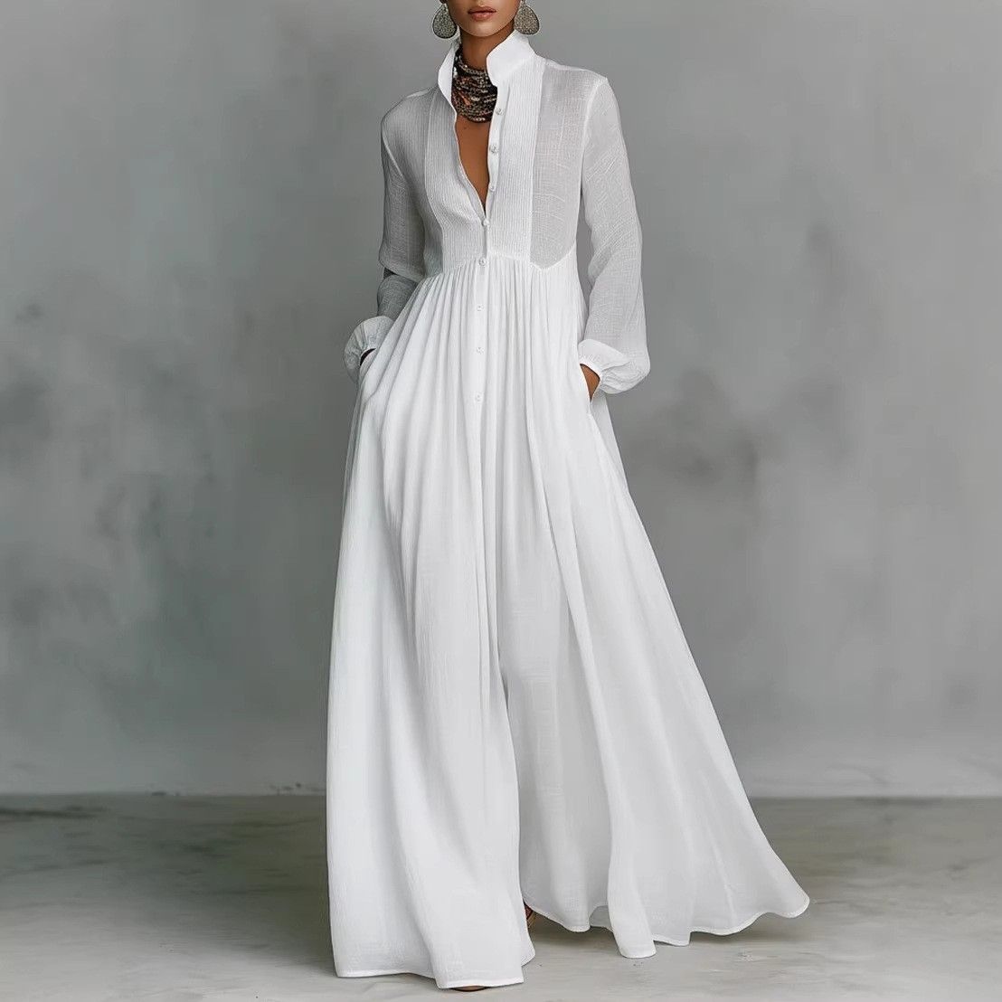 Elegant French-Inspired Ruffle Maxi Dress – Flowy A-Line Silhouette With Lantern Sleeves & Waist-Defining Pleats_ecoleips.com