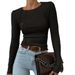 Women's Clothing Women's Solid Color Segmented Chest Shaped Long Sleeve Crew Neck T-Shirt Spring/Autumn Fashion Top_ecoleips.com