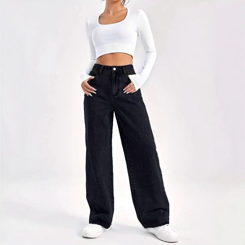 High Waisted Straight Leg Jeans Women's Loose Fit Wide Leg Pants Autumn Winter Solid Color Denim for Petite European American Style_ecoleips.com