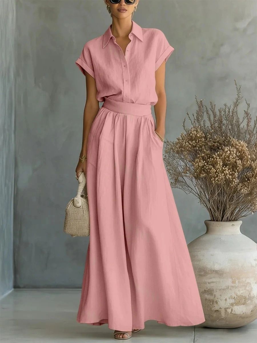 Spring/Summer Women's Fashion Set Casual Solid Color Shirt And Wide Leg Pants Two-Piece Outfit_ecoleips.com