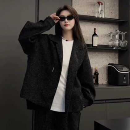 Piece Tweed Matching Set For Women, Button Up Loose Jacket And Wide Leg Trousers, Comfortable Outfit For Everyday, Streetwear & Weekend_ecoleips.com