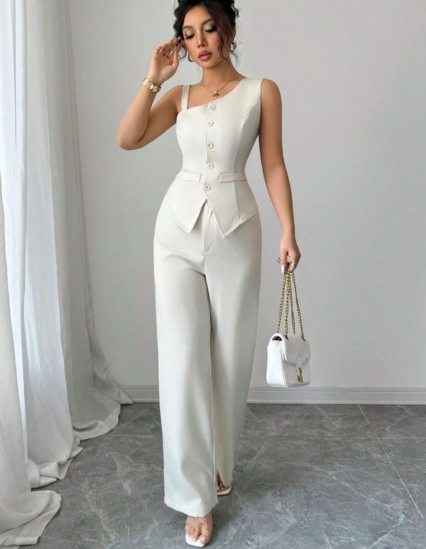 Summer Women's Off-Shoulder Suspender Suit Vest Sleeveless Straight Leg Pants Clothing_ecoleips.com