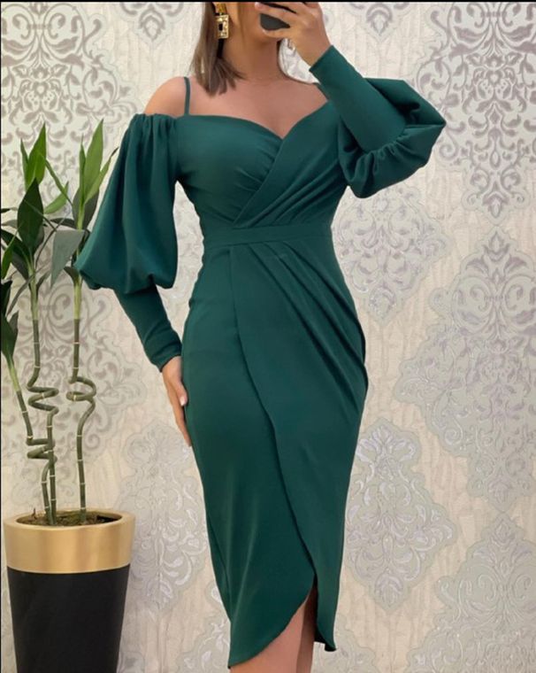 Women's Fashionable Off-Shoulder Slim Fit Dress Autumn Winter New Style Lantern Sleeve Irregular Design Cross Border_ecoleips.com