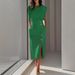 Fashion Royal Sister Style Solid Color Round Neck Waist Split Metal Buttons Summer Dress Women_ecoleips.com