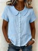 Women's Solid Color Peter Pan Collar Shirt Casual Loose Cotton Linen Short Sleeve Summer Blouse Independent Website European American Style_ecoleips.com