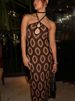 Tossy Knit Printed Hollow Out Long Dress Women Bandage Backless Contrast Beach Holiday Dress Clothes Female Boho Knitwear Dress_ecoleips.com