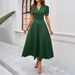 Elegant Plain High Waist V Neck Short Sleeve Dress Women Casual Daily Party Wear_ecoleips.com