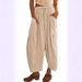 Women's Linen-Blend Elastic Waist Wide-Leg Pants - Crinkle Texture Mid-Rise Straight Leg Cropped Trousers_ecoleips.com