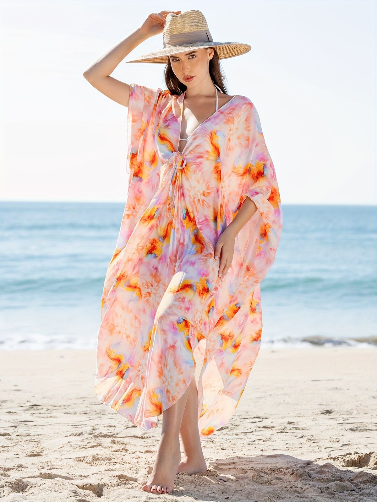 Women's Clothing "Tie-Dye Beach Cover-Up – Flowy Sun Protection Shirt With Side Slits & Adjustable Tie-Waist"_ecoleips.com