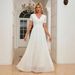 Women's Clothing Elegant Lace Trim Chiffon V-Neck A-Line Long Dress – Wedding Guest Dress, Evening Gown (White, S/M/L/XL)_ecoleips.com