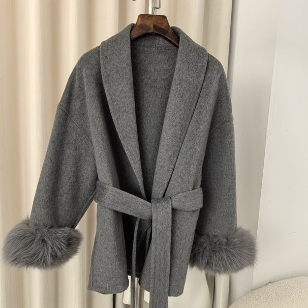 Reversible Fox Fur & Wool Blend Coat – Elegant Short/Long Double-Faced Trench Coat For Women (S/M) – Grey/Beige/Black/Coffee/Angora Red_ecoleips.com