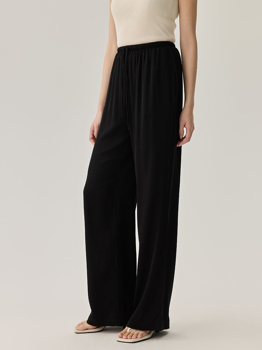 Suitable For All Seasons 2025 Wide-Leg For Women, Summer Thin High-Waist Draped Casual Solid Color Straight Silk Pants_ecoleips.com