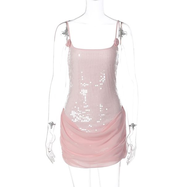 European And American Style New Fashion Sequin Sleeveless Slim Fit Sexy Strapless Patchwork Mesh Bodycon Dress_ecoleips.com