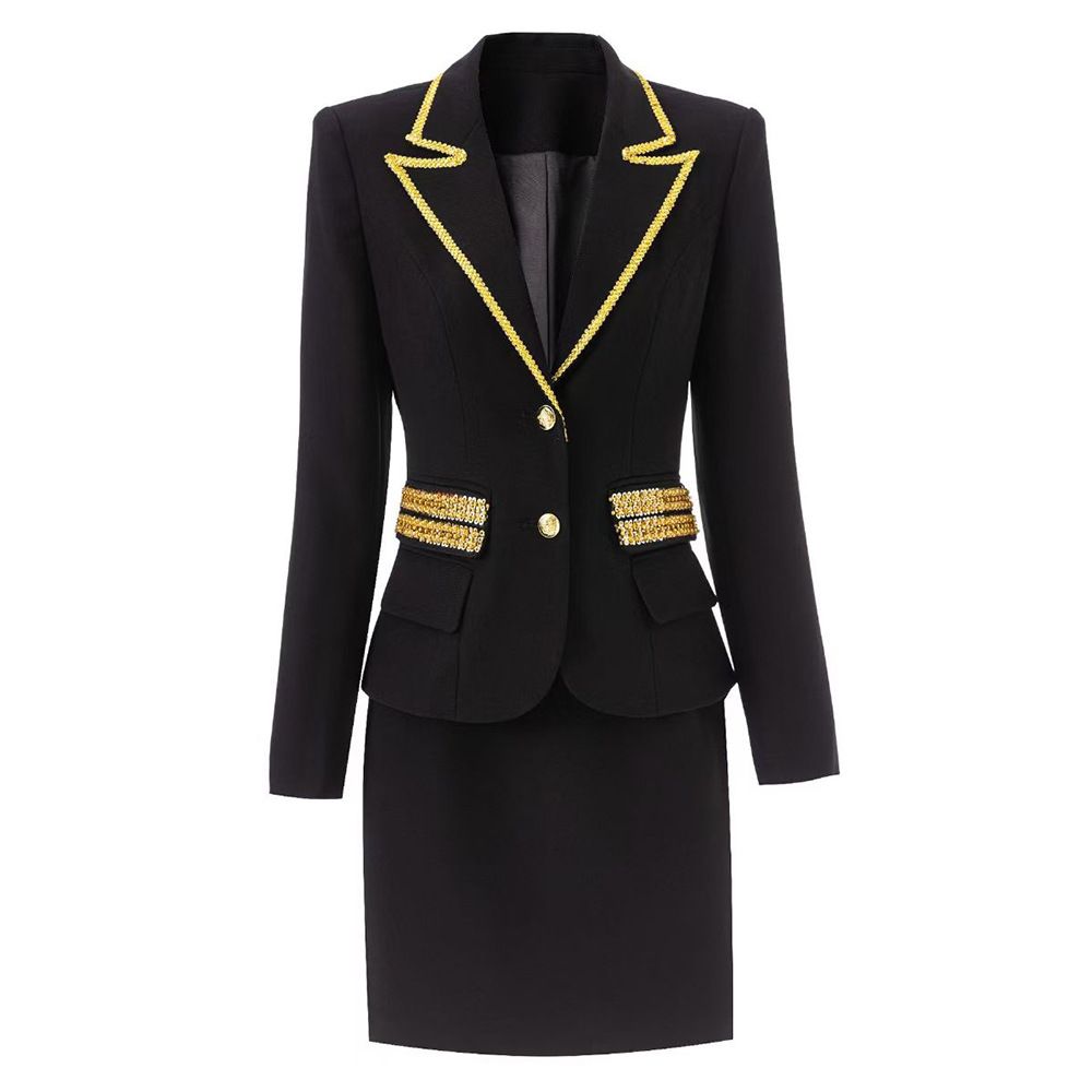 K New Heavy Industry Nail Bead Bordered Temperament Commuter Suit Skirt Package Hip Skirt Suit+Half Skirt_ecoleips.com