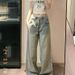 American Retro Yellow Mud-colored Jeans For Women, Summer Distressed Loose Fit, Petite Floor-length Straight Wide-leg_ecoleips.com