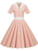 Vintage Turn-down Collar Blue Summer Dress For Women Elegant Short Sleeve Solid Office Party Midi Sundress A-line High Waist_ecoleips.com