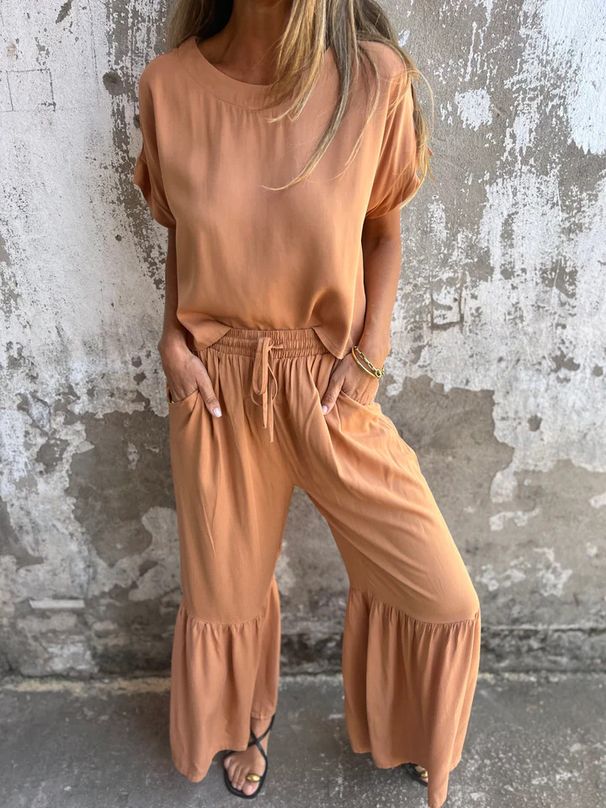 Women's Clothing New Solid Color Cotton And Linen Short Sleeved Suit Temperament Commuting Two Piece Suit_ecoleips.com