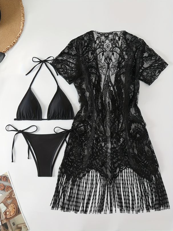 Women's Solid Color Sexy Bikini Set With Sheer Cut-Out & Fringe Detail - High Waist Swimwear For Beach & Pool Party_ecoleips.com