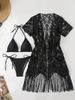 Women's Solid Color Sexy Bikini Set With Sheer Cut-Out & Fringe Detail - High Waist Swimwear For Beach & Pool Party_ecoleips.com