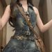 Chic Fashion Denim Summer New Sleeveless Top High Waist Pleated Short Skirt Suit Trendy_ecoleips.com
