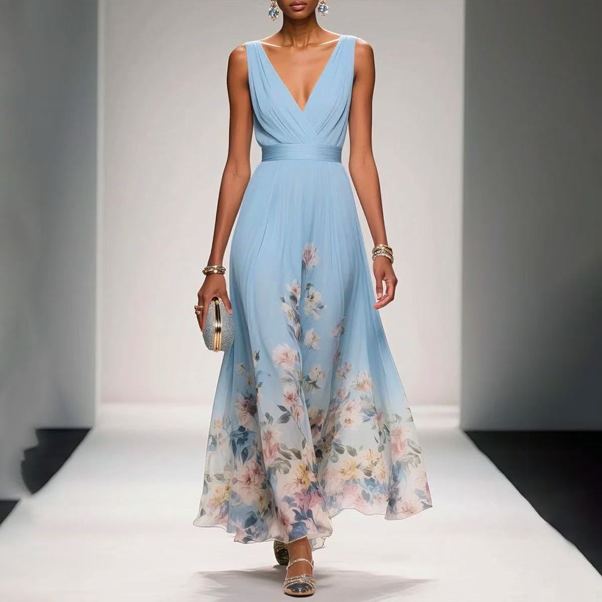 Women’s Flowy V-Neck Chiffon Dress – Floral Print, Sleeveless & Lightweight For Summer_ecoleips.com
