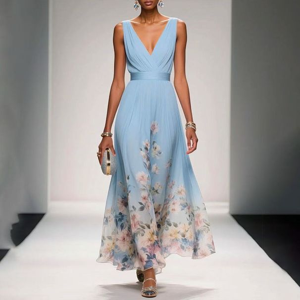 Women’s Flowy V-Neck Chiffon Dress – Floral Print, Sleeveless & Lightweight For Summer_ecoleips.com