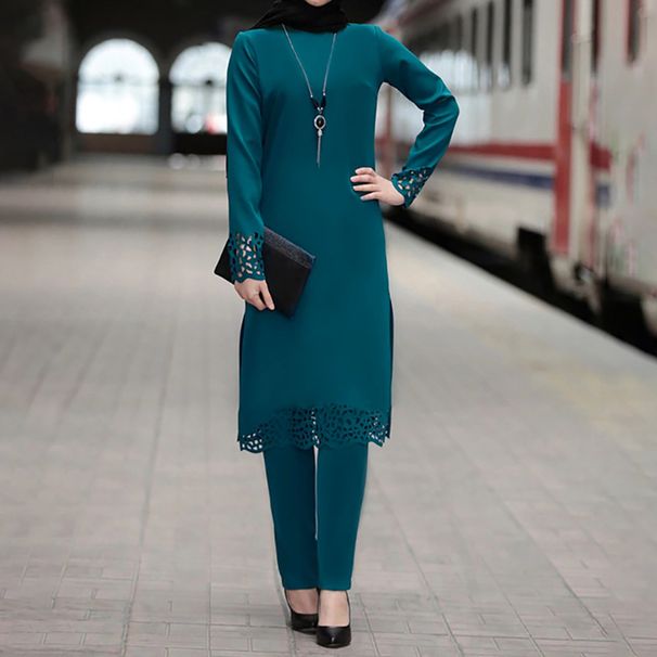 Muslim Women's Clothing Abaya Robe Set Burnout Dress Two-Piece Spring Outfit_ecoleips.com