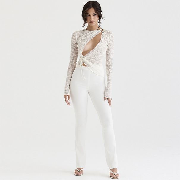 2026 European And American Strap Hollow Long Sleeve Slim-Fit Women's Top, Waist-Cinching, Slimming, Sexy Lace_ecoleips.com
