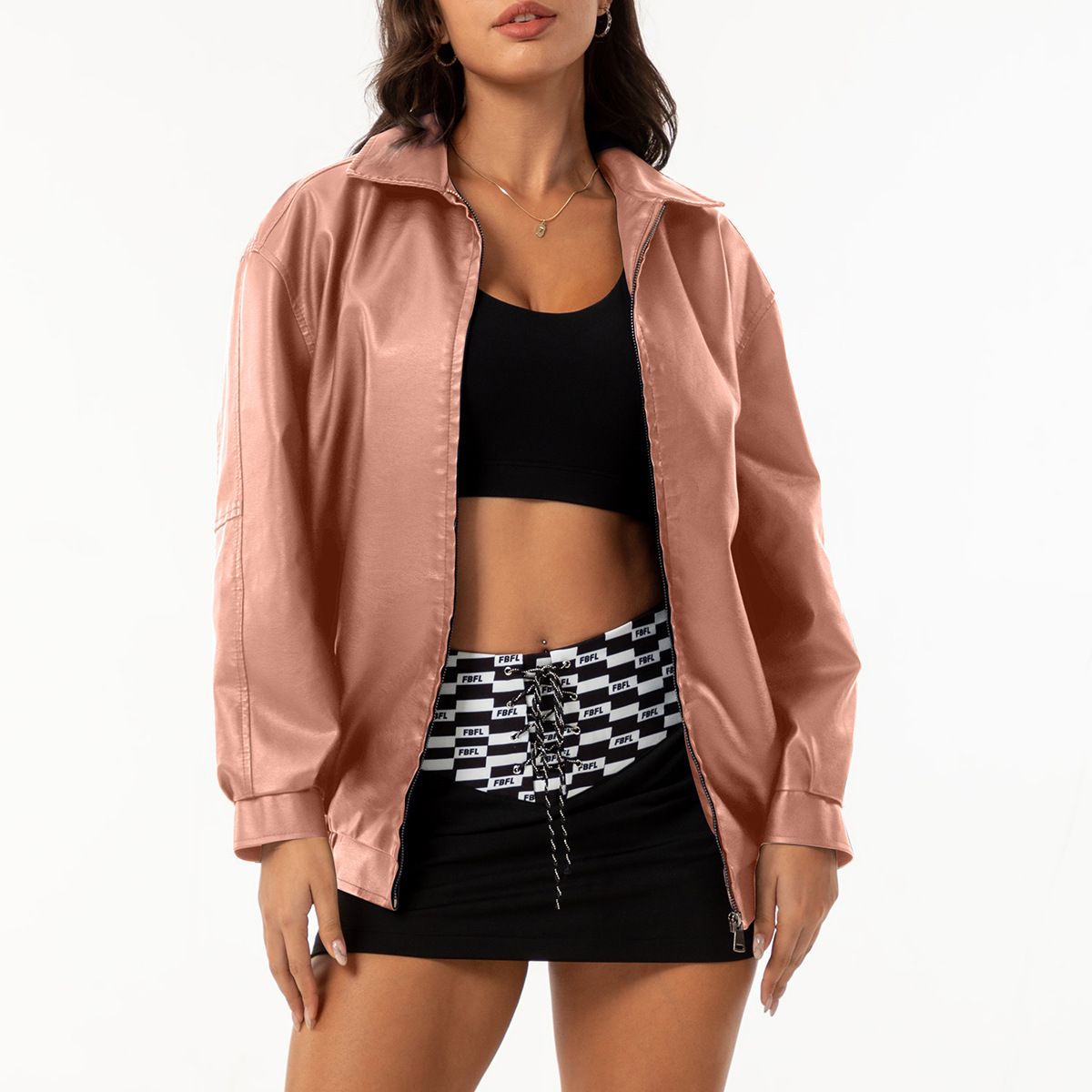 Women's Oversized Faux Leather Jacket With Lapel Collar, Long Sleeve Loose Fit Coat For Spring & Autumn, Fashionable Outerwear_ecoleips.com