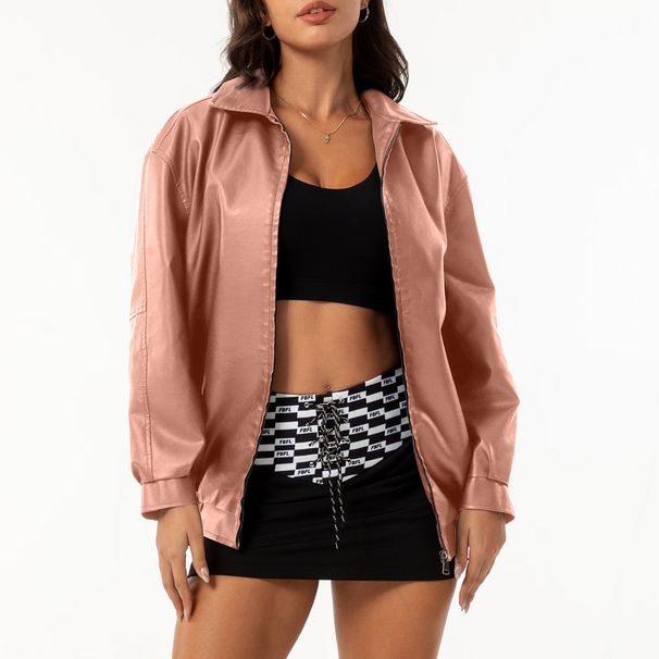 Women's Oversized Faux Leather Jacket With Lapel Collar, Long Sleeve Loose Fit Coat For Spring & Autumn, Fashionable Outerwear_ecoleips.com