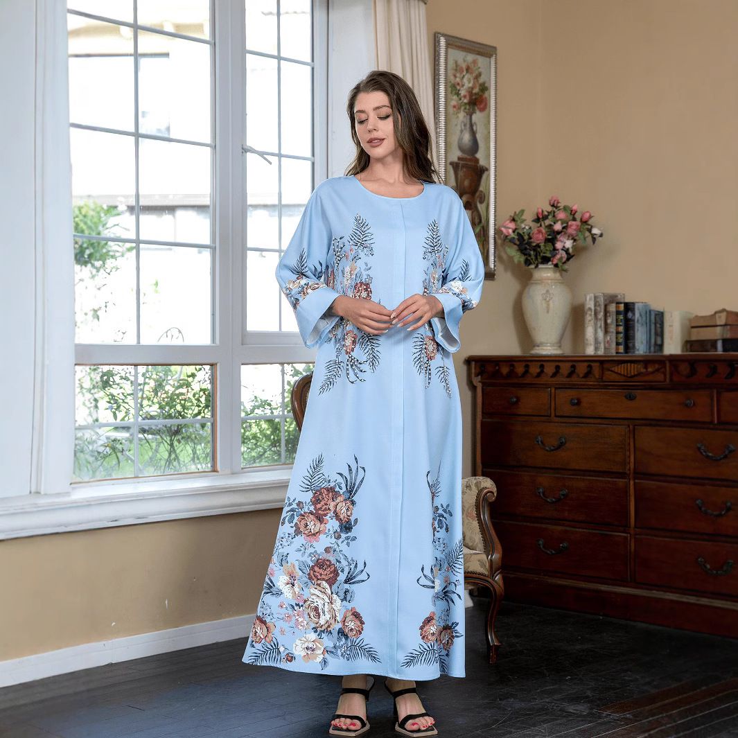 Muslim Round Neck Robe Fashionable Temperament Abaya Diamond Cannon Bead Print Dress_ecoleips.com