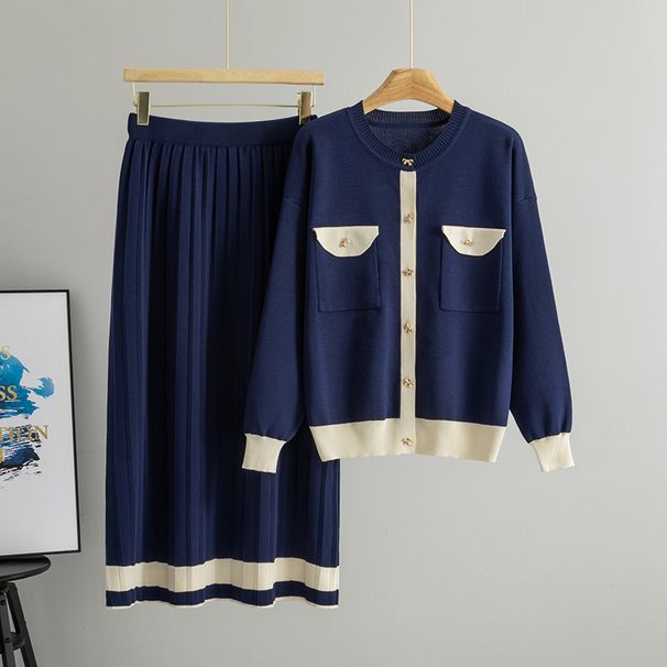 Women's Knitted Cardigan & Midi Skirt Set – Elegant Contrast-Color Outfit For Work & Weekend (One Size, 4 Colors)_ecoleips.com