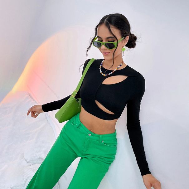 Voya Women's New Street Instagram Casual Hollow Slim Fit Ultra Short Style Internet Famous Long Sleeved T-shirt Top Top_ecoleips.com