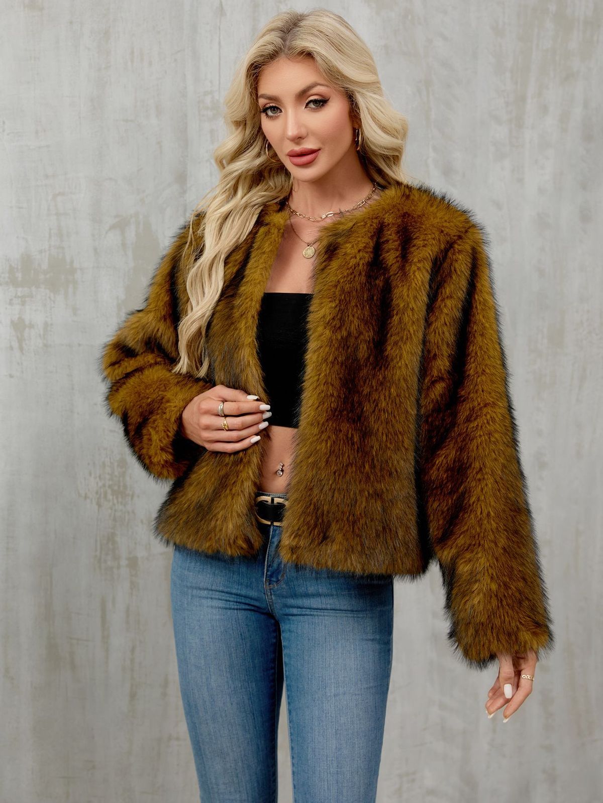 Chic Short Faux Fur Coat – Women’s Plush Open-Front Jacket For Fall & Winter (Yellow/Taupe/Gray, S-XXXL)_ecoleips.com