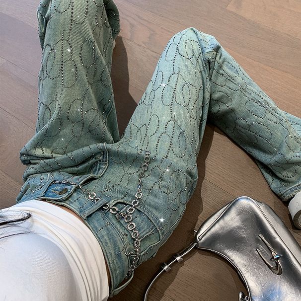 Women’s Clothing spring and summer new luxury gradient rhinestones starry straight jeans narrow leg pants_ecoleips.com