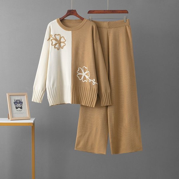 Color Block Knitted Sweater Set for Women European And American Style Wide Leg Pants Two Piece Slimming Casual Fashionable Autumn Winter_ecoleips.com
