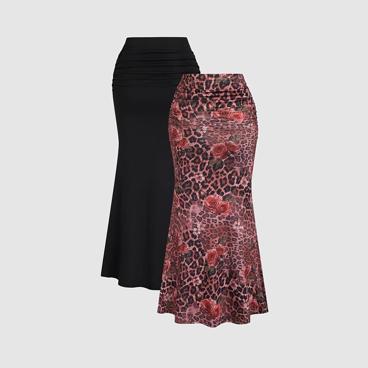 Black Leopard Print Women's Clothing Set European And American 2 Piece Mermaid Skirt Elegant Solid Color Cross Border_ecoleips.com