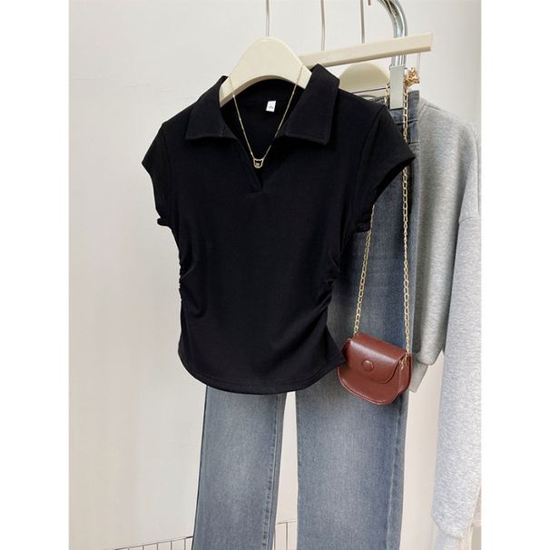 Summer Women's Slim Fit T-Shirt Pure Cotton Short Sleeve Design Irregular Pleats Flattering Shoulder Short Polo Shirt Top_ecoleips.com